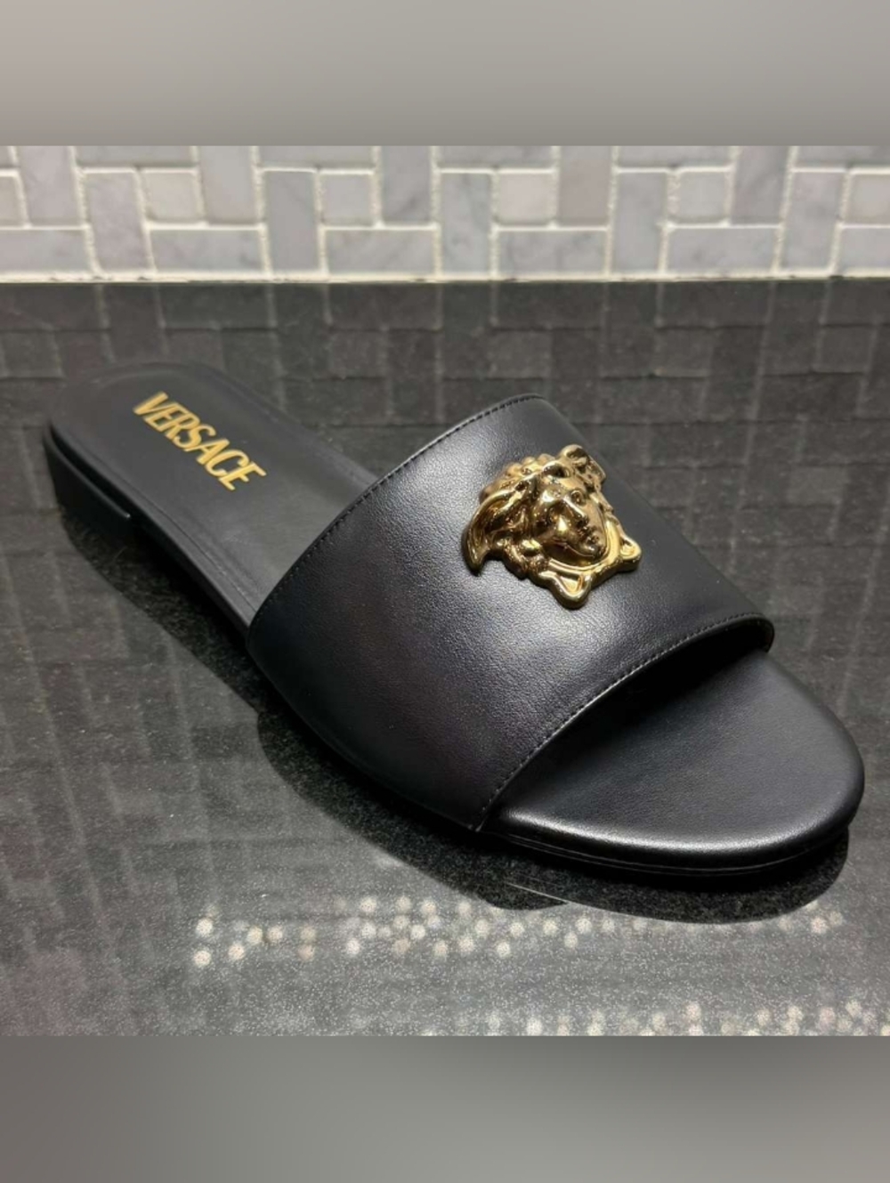 Versace Medusa Slide Sandals Black Leather Gold Logo Womens EU 38 US 8 New - Picture 3 of 13